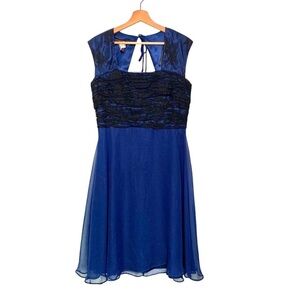 Hayley Matthews Navy Blue Lace & Chiffon Sleeveless Dress Size 12 Elegant Midi